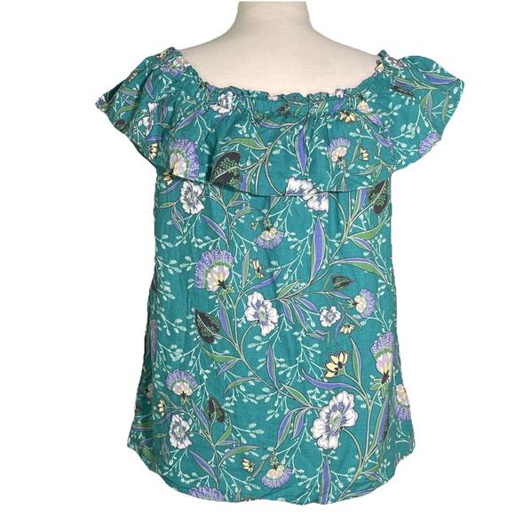 Loft Women's Top Size S Teal Floral Print Ruffles Linen Blend - Picture 3 of 4